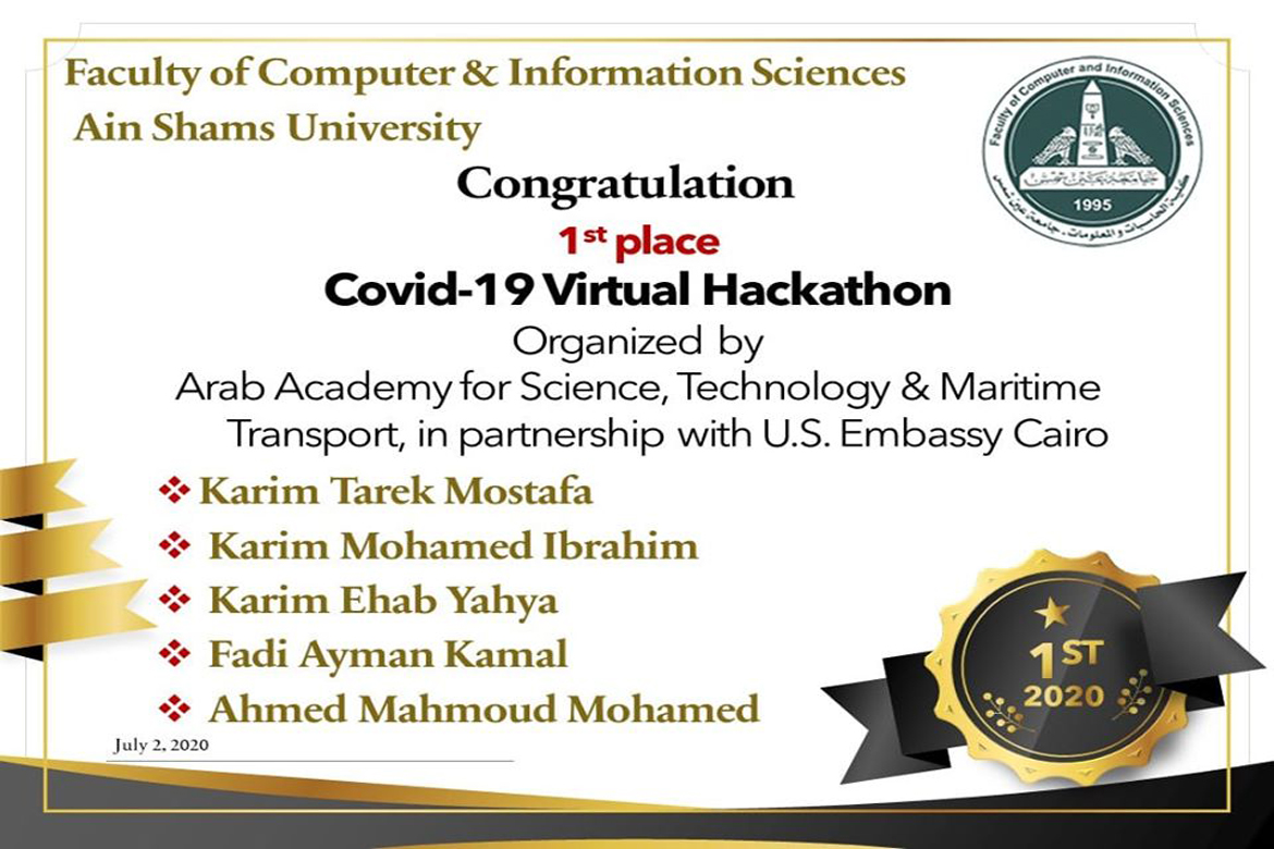 First place in the covid-19 virtual hackathon competition for the Faculty of Computer and Information Sciences