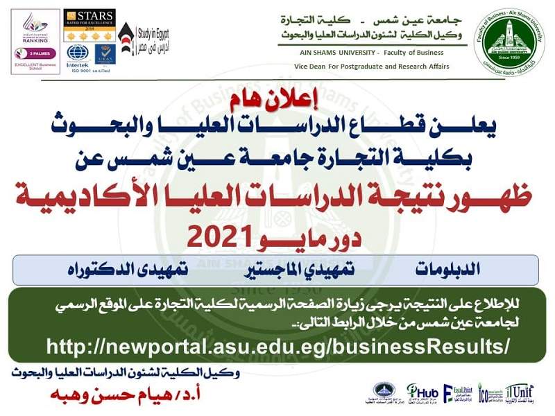 The results of the graduate programs of the Faculty of Business are announced electronically on the official website of Ain Shams University