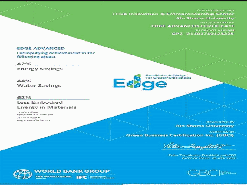 The Innovation and Entrepreneurship Center is the first building in Egypt to be awarded the EDGE ADVANCED Certificate of Excellence in Design for Greater Efficiency