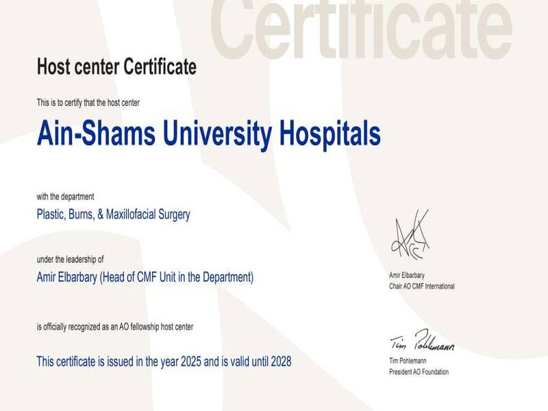The Renewal of AO Foundation Accreditation for the Department of Plastic, Oral and Maxillofacial Surgery at the Faculty of Medicine, Ain Shams University as a Certified Training Center for Craniofacial and Maxillofacial Surgery