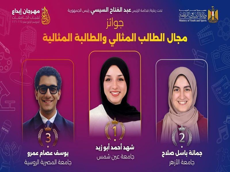 طلاب جامعة عين شمس يحصدون المراكز الأولى في مسابقات الطالب والطالبة المثاليين والشعر والأفلام القصيرة المتخصصة بمهرجان إبداع 14