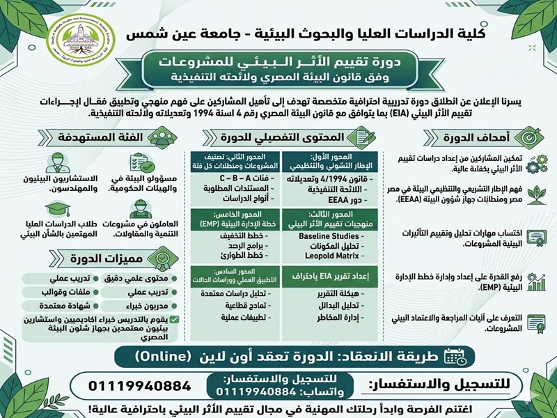 In support of sustainable development... Ain Shams University offers a specialized course on environmental impact assessment for projects