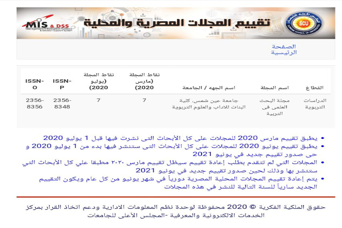للمرة الثانية حصول مجلة البحث العلمي في التربية على أعلى تقييم المجلات من المجلس الأعلى للجامعات