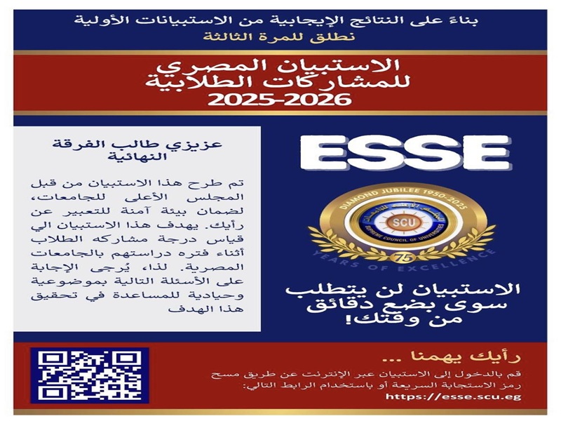 دعوة لطلاب السنوات النهائية بجامعة عين شمس للمشاركة فى الاستبيان المصري للمشاركات الطلابية
