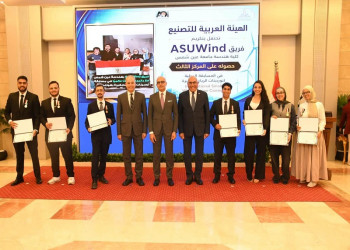The President of Ain Shams University joins the Chairman of the Arab Organization for Industrialization in honoring the ASUWind team after their achievement of third place globally in the International Small Wind Turbine Competition